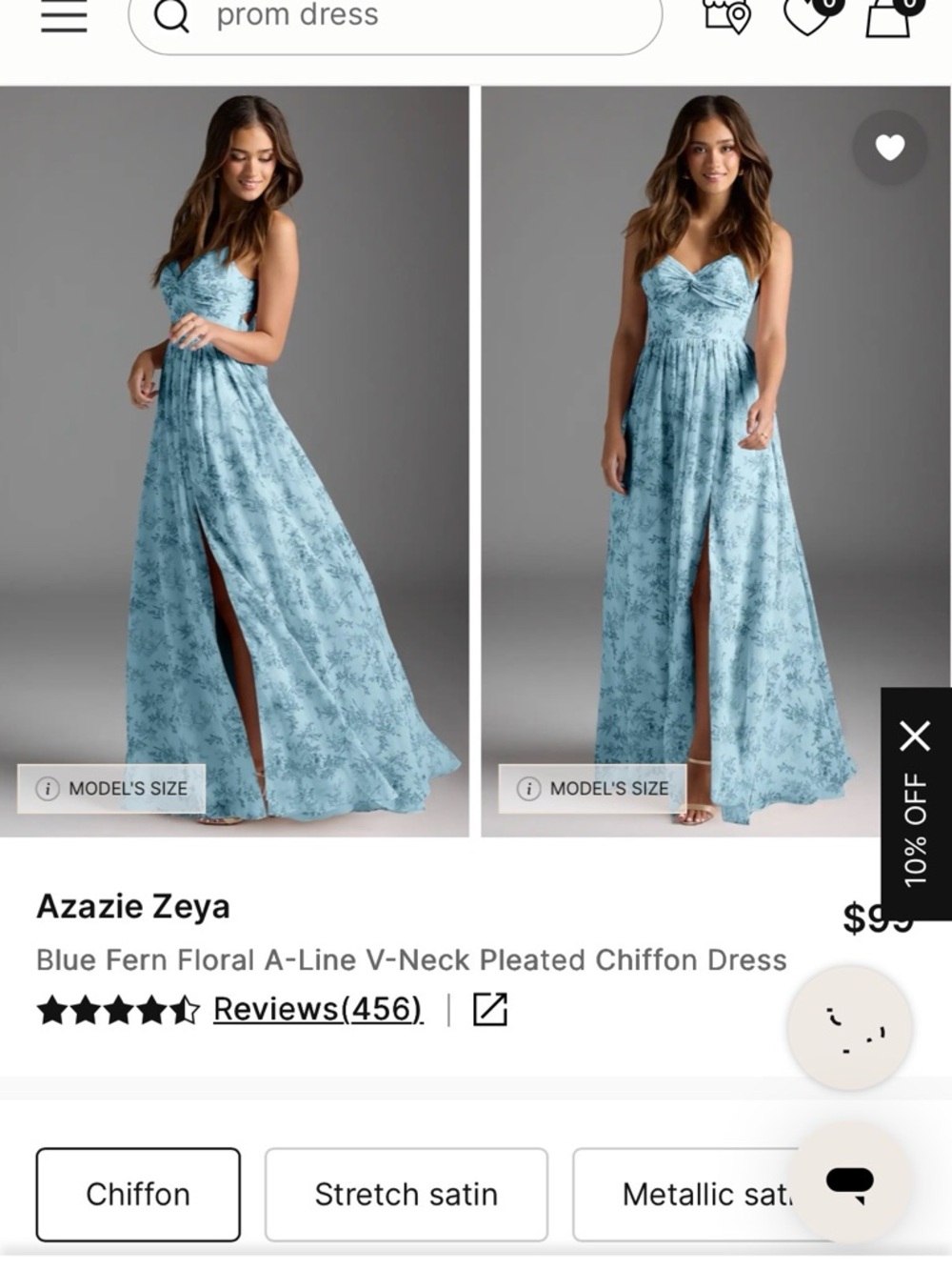 Azazie Blue Fern Floral A-Line V-Neck Pleated Chiffon Maxi Dress - Light Blue